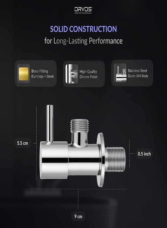 Orvos Angle Valve, Rounded, Premium 304 Stainless Steel Chrome Plated Body with Full Brass Cartridge Inside, Set of 1, for Hot & Cold Supply to Geysers, Sinks, Basins and Flush Tanks - Image 3